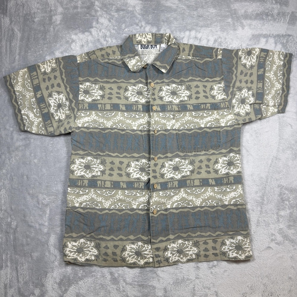 Vintage Bugle Boy Shirt‎ Mens XL Green Blue Floral Button Up Loop Collar 90s